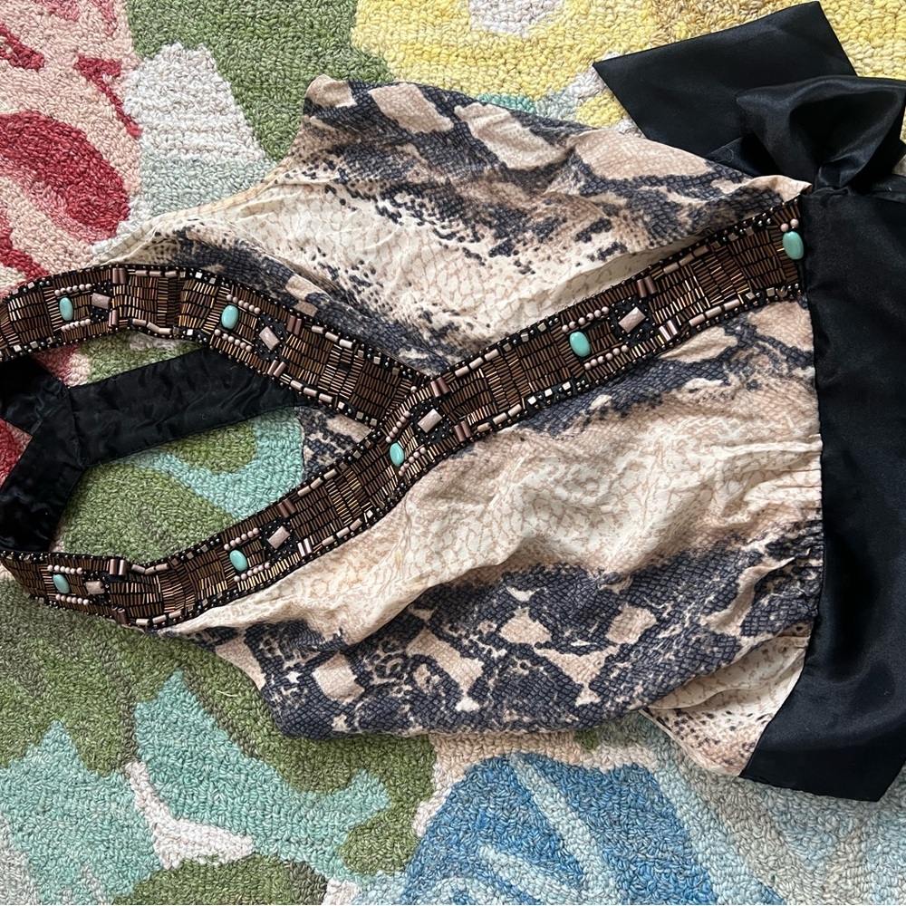 Bebe Beaded Snake-Print Halter Dress in Neutral and Black